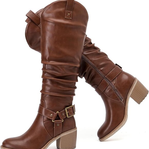 Shoes - Women's Slouchy Knee High Boots with Chunky Heel Pointed Toe Fall Winter Shoes